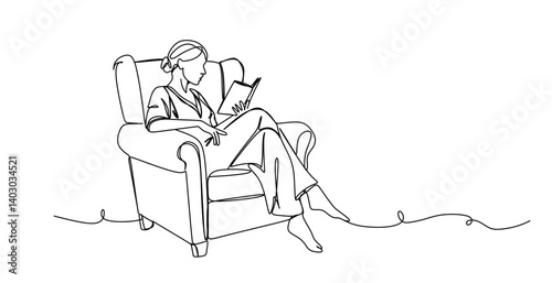 continuous single line drawing of woman in armchair reading book  line art vector illustration