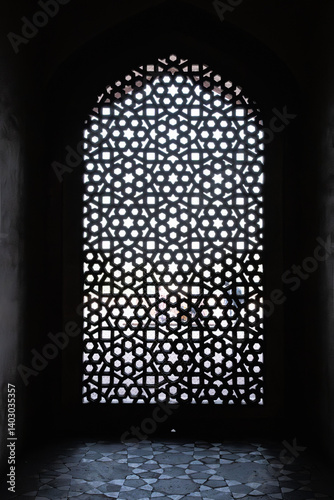 Photography Window with jali, which is latticed screen in dark shadow