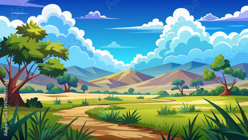 Wide landscape of grasslands with puffy clouds in blue sky on a nature preserve in Florida.