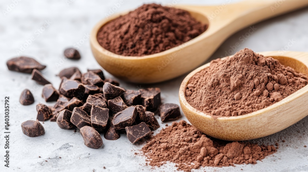 A beautiful rustic layout featuring cocoa powder and chocolate chunks in wooden spoons, highlighting the rich textures and colors of chocolate for culinary inspirations. A beautiful rustic layout featuring cocoa powder and chocolate chunks in wooden spoons, highlighting the rich textures and colors of chocolate for culinary inspirations.