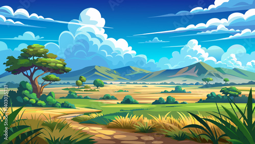 Wide landscape of grasslands with puffy clouds in blue sky on a nature preserve in Florida.