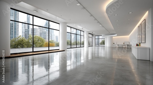Modern  spacious interior with city view. Polished floors and large windows
