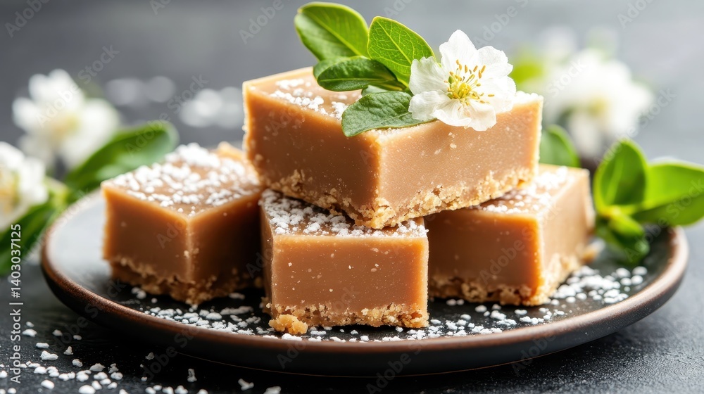 Rich fudge squares layered with creamy texture and garnished with fresh green accents, presenting a combination of indulgence and visual appeal in this delightful dessert. Rich fudge squares layered with creamy texture and garnished with fresh green accents, presenting a combination of indulgence and visual appeal in this delightful dessert.