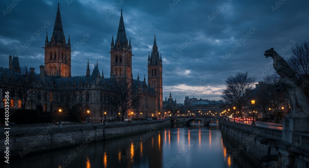 Obraz premium Gothic Architecture Cityscape at Dusk Canal Reflections Night Lights