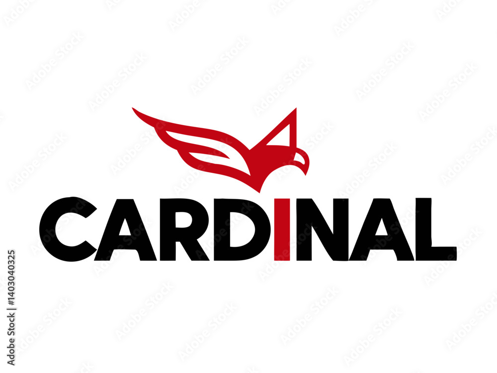 Bold logo featuring a flying cardinal, perfect for a company or team identity. A stylized logo showcasing a red cardinal in flight against a backdrop of black typography spelling out 