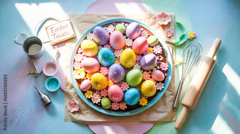 Confectionery Easter delight  artistic top view of a baking station with tools sprinkles, and chocolate eggs on a dreamy pastel blue surface