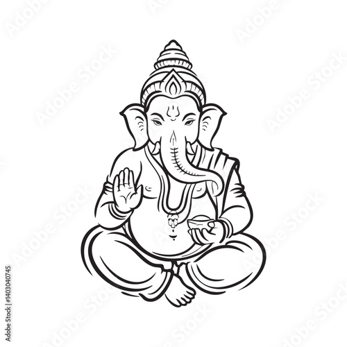 Hindu God Ganesha Line Art Sitting In Meditation Pose Black And White