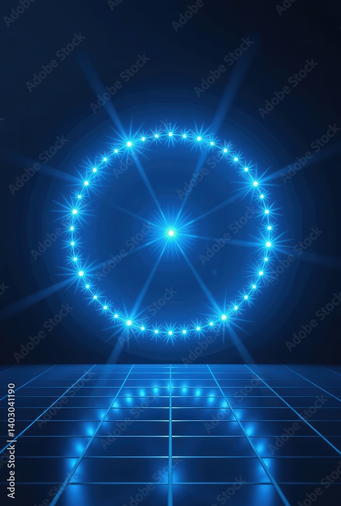 Fototapeta premium Abstract blue glowing circle lights on dark stage background. Futuristic, modern design ideal for presentations, websites, and events.