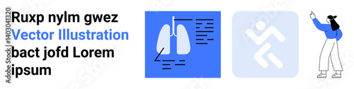 Human lungs with medical notes, a fitness icon, and a person teaching or presenting. Ideal for medicine, fitness, education, teamwork, health apps, training guides simple landing page