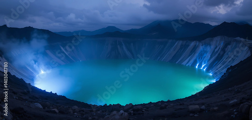 Kawah Ijen Crater, Indonesia – A volcanic crater with an acidic turquoise lake and blue sulfur flames at night.