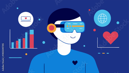 Smart Glasses for Health A person wearing augmented reality glasses with a floating interface showing heart rate and activity stats while interacting with their environment.