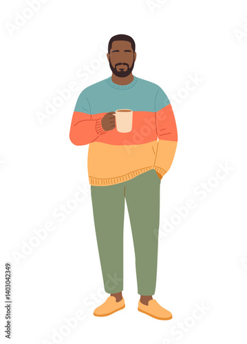 Black man with a beard, dressed in a bright color-blocked sweater, moccasins and chinos, holding a coffee mug. Colorful flat vector illustration isolated on transparent background