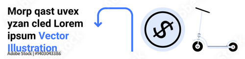 Dollar coin inside a circle, blue arrow pointing to it, and an electric scooter. Ideal for finance, savings, transportation, investment, micro-mobility, eco-business simple landing page