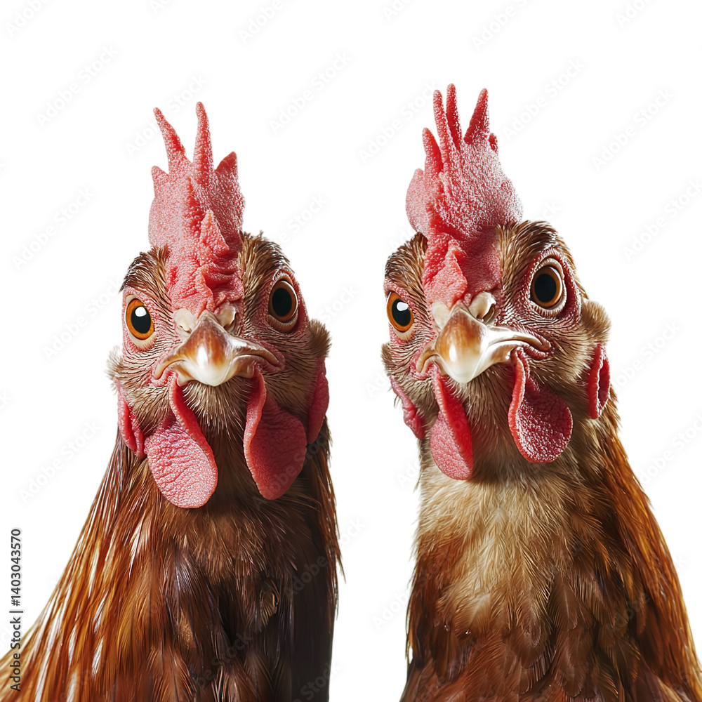 Naklejka premium Two brown chickens looking at camera poultry farm animals birds livestock agriculture hen rooster fowl 100 on transparent background