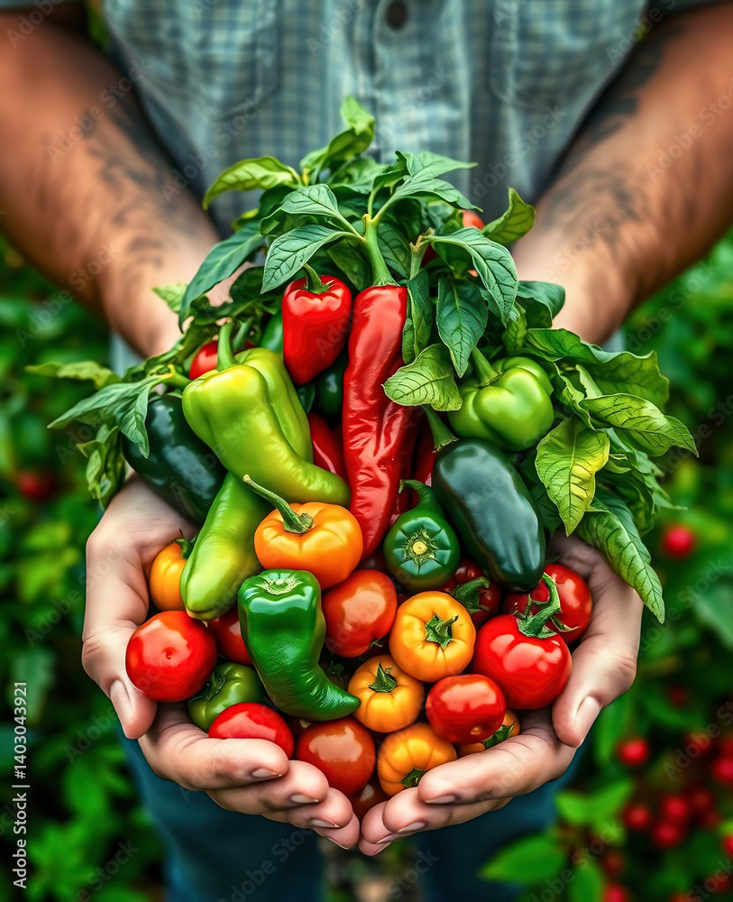 Harvest Symphony - man holding an abundant array of peppers and tomatoes in his hands - generative AI. AI-generated illustration