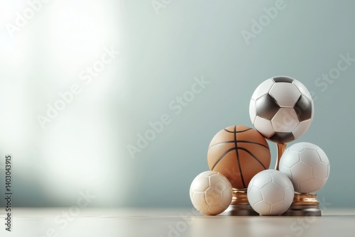 A collection of various sports balls, including soccer and basketball, displayed on a minimalistic surface against a soft-colored background. photo
