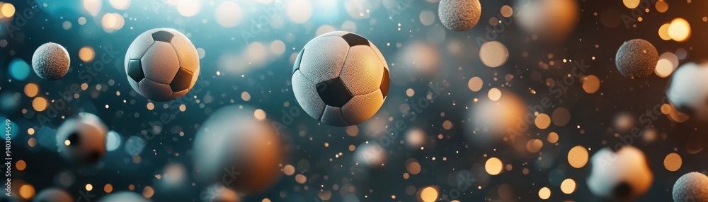 Naklejka premium A dynamic scene featuring floating soccer balls amidst a sparkling background, evoking energy and excitement associated with the sport.