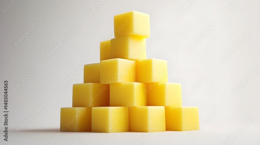 A pyramid of bright yellow cubes against a subtle gray background. The blocks are uniformly sized and create a visually appealing geometric shape. A pyramid of bright yellow cubes against a subtle gray background. The blocks are uniformly sized and create a visually appealing geometric shape.