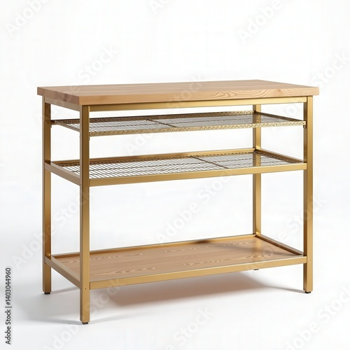 Stylish gold metal kitchen cart with wooden top and wire shelves. Perfect for storage and organization. photo