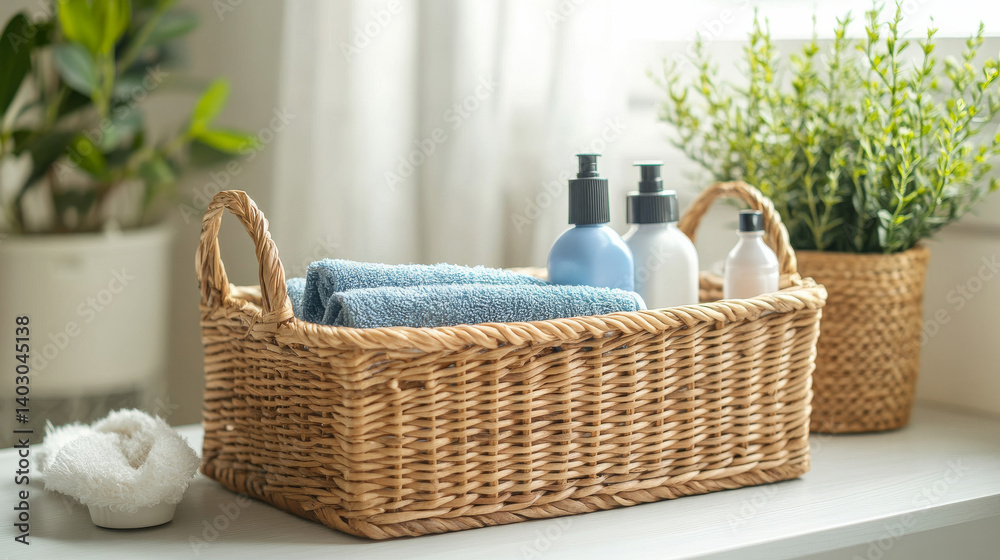 Household essentials organized inside and around a wicker basket Household essentials organized inside and around a wicker basket
