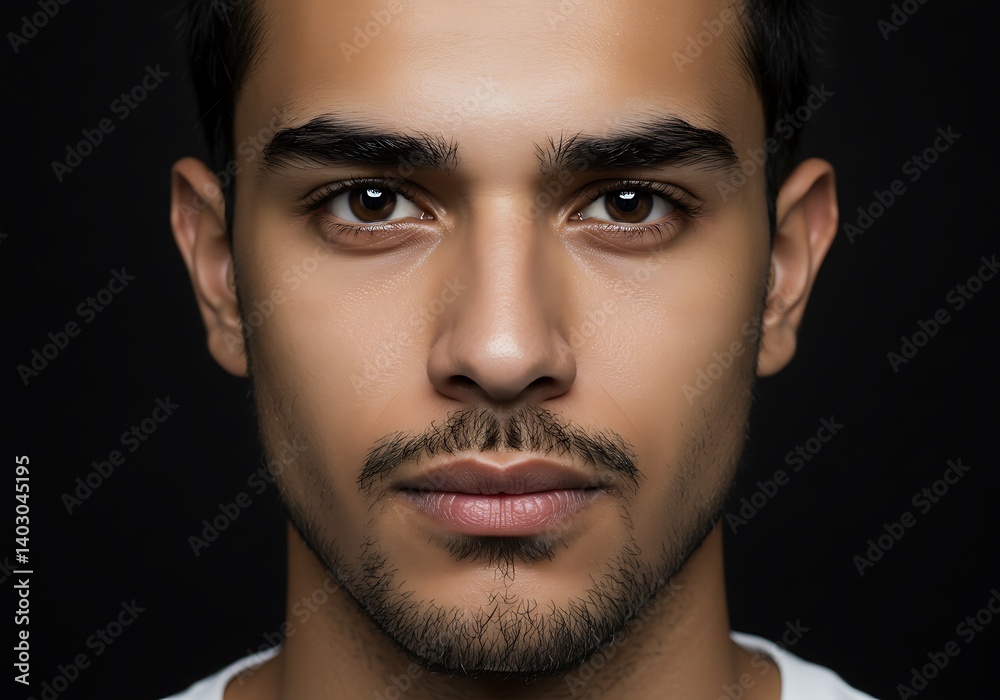 Obraz premium Intense gaze of a young man dark background dramatic lighting close up portrait sharp focus neutral
