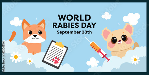A flat design poster celebrating Rabies Day, Pet Day, and Veterinarian Day, featuring vibrant illustrations of animals and veterinary symbols for awareness and education.