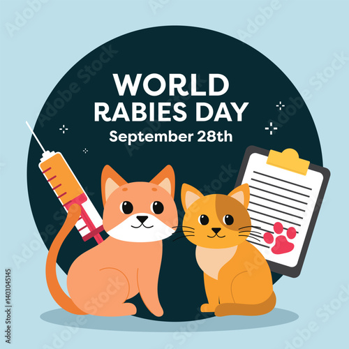 A flat design poster celebrating Rabies Day, Pet Day, and Veterinarian Day, featuring vibrant illustrations of animals and veterinary symbols for awareness and education.