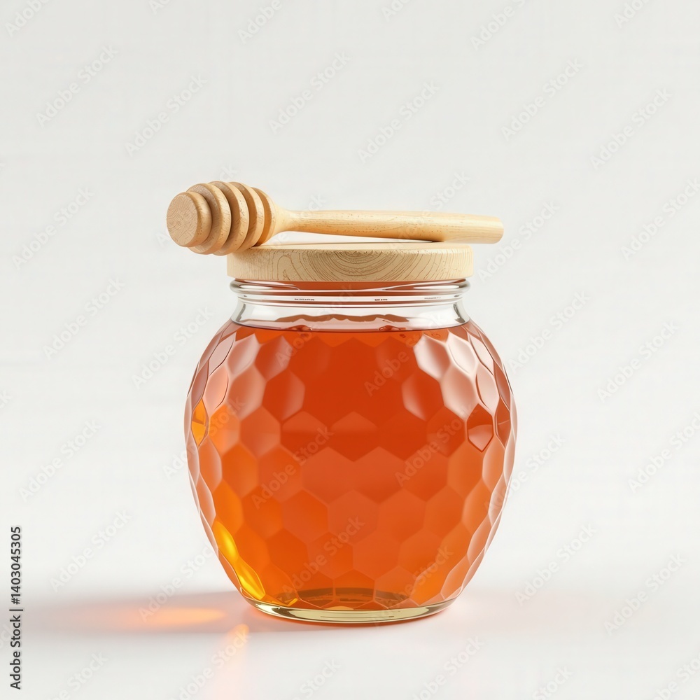Close-up of a glass jar filled with honey and a wooden honey dipper on a white background. Close-up of a glass jar filled with honey and a wooden honey dipper on a white background.