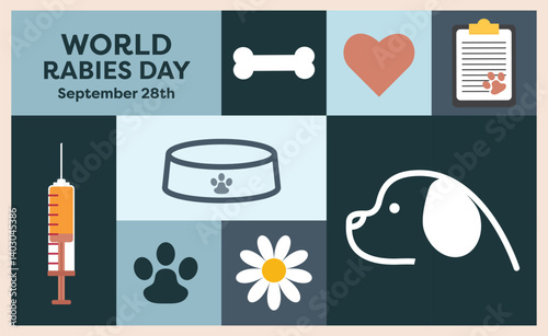 A flat design poster celebrating Rabies Day, Pet Day, and Veterinarian Day, featuring vibrant illustrations of animals and veterinary symbols for awareness and education.
