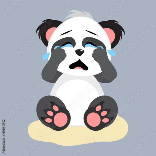 Cute cartoon animal panda crying. Flat vector illustration isolated on grey background.