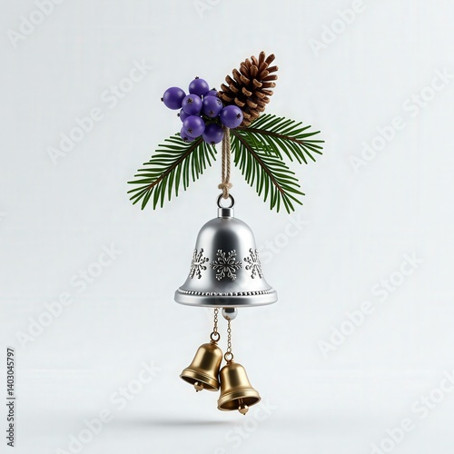 Elegant silver bell with gold bells and winter decorations hanging against a white background. photo