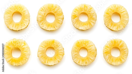 Eight perfectly symmetrical pineapple rings arranged in a grid pattern against a clean white background.  Fresh, juicy, and ready to eat! photo