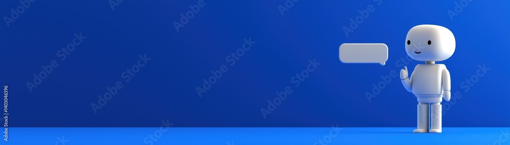 A friendly robot character stands against a blue background, gesturing and ready for conversation, symbolizing communication and technology.