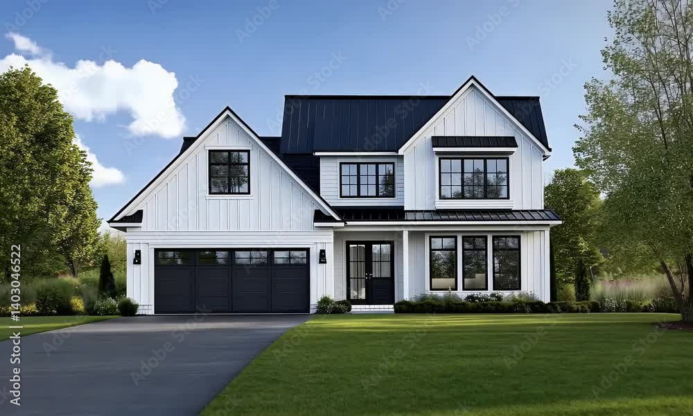 Stylish white modern home with black trim and large windows, surrounded by greenery, a minimalist driveway, and lush landscaping under clear skies.