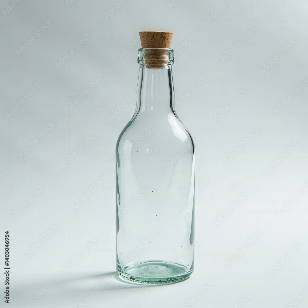 Empty clear glass bottle with cork stopper on white background. Perfect for product display. Empty clear glass bottle with cork stopper on white background. Perfect for product display.