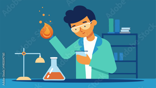 A student carefully pouring a liquid into a flask with a Bunsen burner lit in the background.