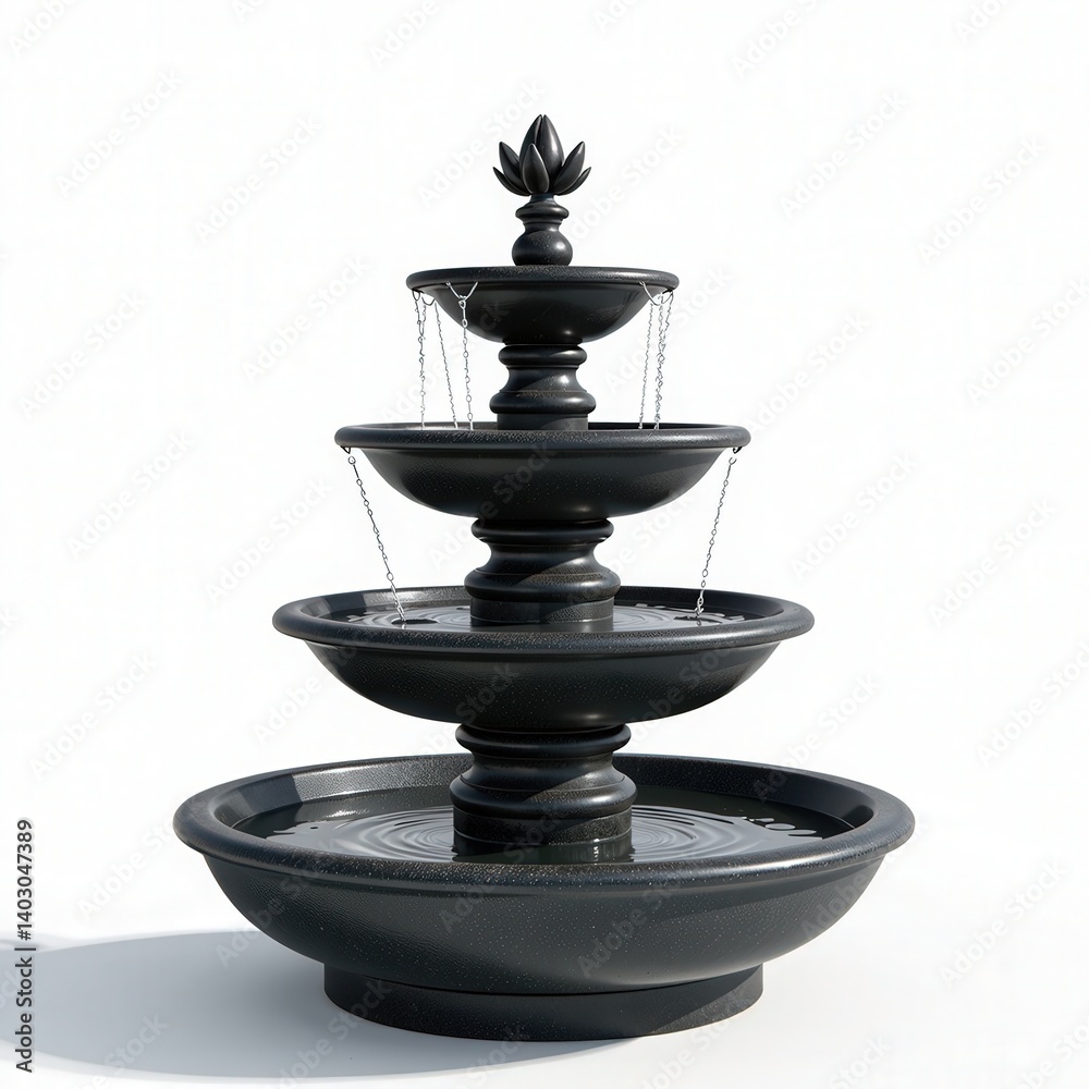 Elegant three-tiered black fountain with cascading water. Perfect for garden decor, creating a tranquil atmosphere. Elegant three-tiered black fountain with cascading water. Perfect for garden decor, creating a tranquil atmosphere.