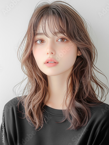 美しいウェーブのパーマのかかった髪の毛の若い女性。美容院のカットモデル