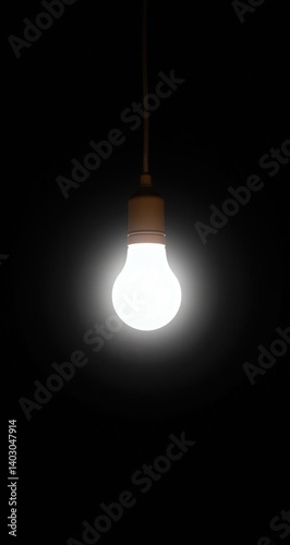 Single glowing lightbulb hanging in the dark. Minimalist concept of idea, inspiration, and innovation. photo