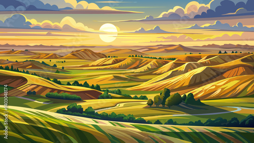 Panorama of the rolling hills across the landscape of North Dakota in late afternoon sun.