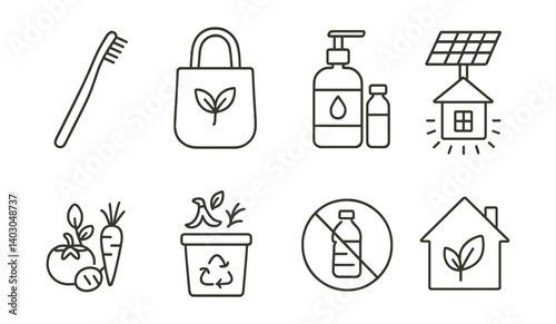 Set of icons: toothbrush, bag with heart plant, hand soap and bottle, solar panel and house, garden, recycling plant, no plastic bottle, house with plant.