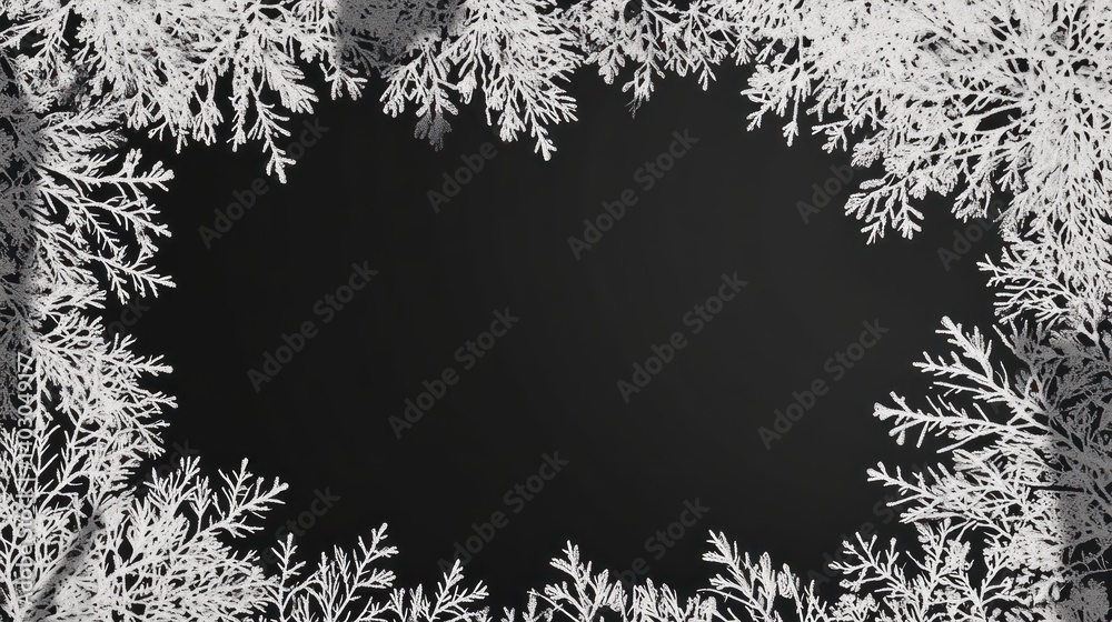 Frosty windowpane frame, winter scene, dark background, holiday card design Frosty windowpane frame, winter scene, dark background, holiday card design