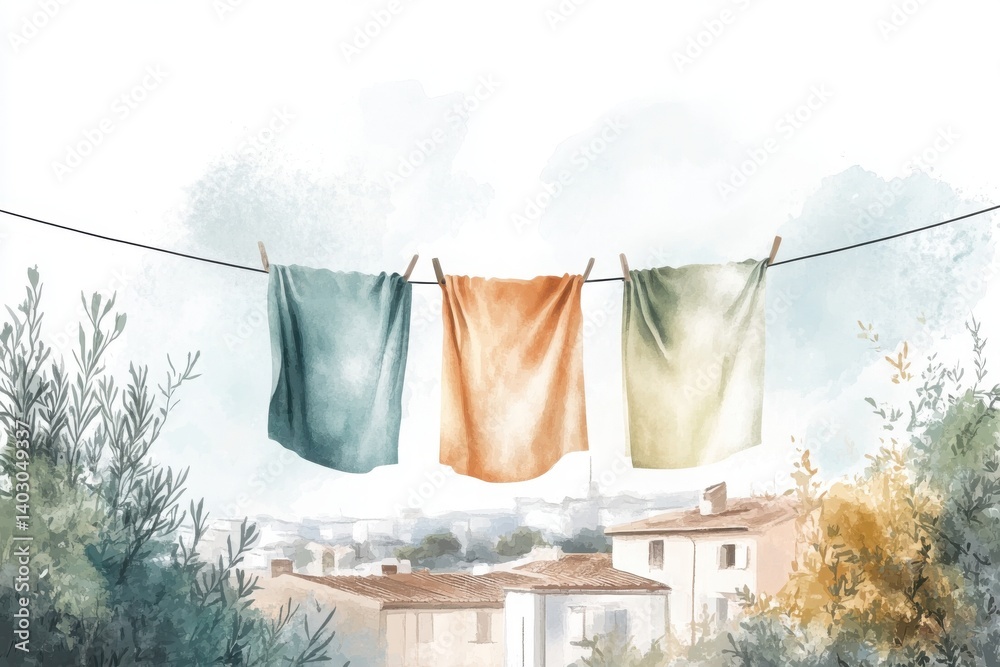 A serene watercolor scene depicting colorful clothes hanging on a line with a soft backdrop of houses and foliage, evoking a peaceful, idyllic atmosphere.