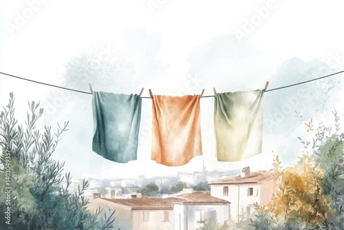 Obraz na płótnie A serene watercolor scene depicting colorful clothes hanging on a line with a soft backdrop of houses and foliage, evoking a peaceful, idyllic atmosphere. w salonie