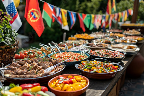 Delicious international buffet feast sunny outdoor celebration photo