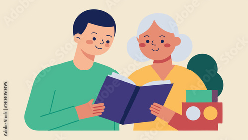 Memory Lane An elderly person and caregiver looking through an album of family photos together sharing memories and reinforcing emotional support.