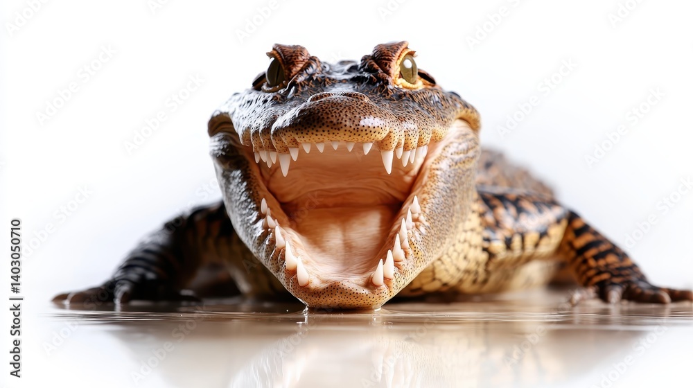 Naklejka premium This striking image captures a crocodile with its mouth wide open, displaying its formidable teeth, emphasizing its raw power and wild nature against a clean backdrop.