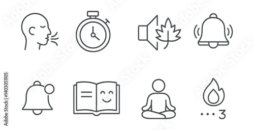 Set of icons: person speaking, stopwatch, volume control with eco, bell with notification, open book with smiley face, person meditating, flame with ellipsis.