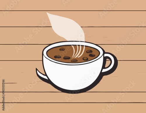 Tasse de café avec fumée et grains de café sur vieux fond en bois