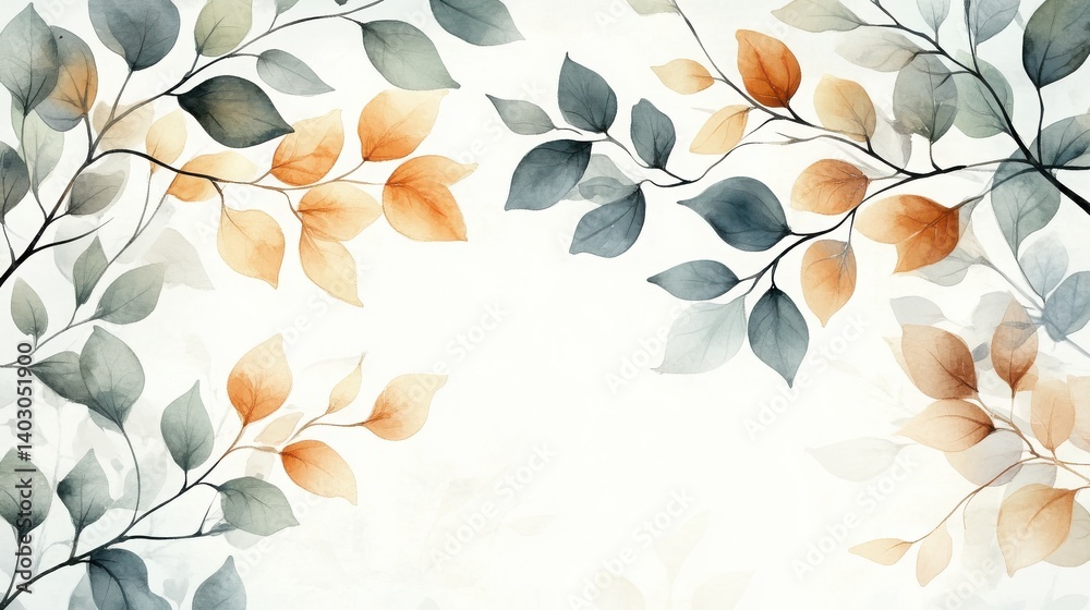 A serene watercolor illustration of leaves in soft hues of green, orange, and gray, creating a tranquil and natural frame. A serene watercolor illustration of leaves in soft hues of green, orange, and gray, creating a tranquil and natural frame.